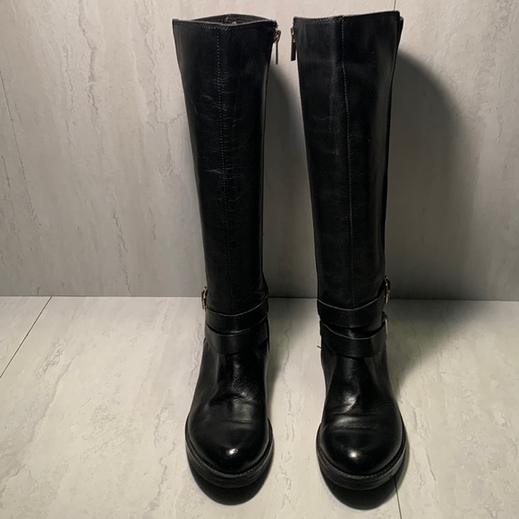 Kenneth Cole Reaction Black Leather Slip On Buckle Detail Side Zipper Tall Boots - Picture 1 of 12